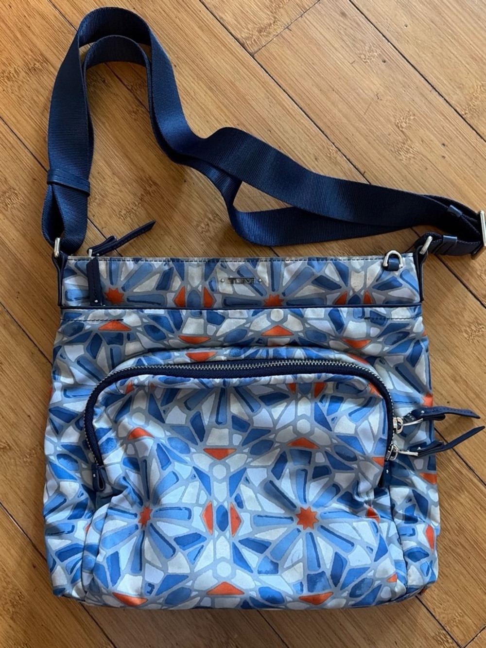 TUMI Blue Geometric Crossbody Bag with Adjustable Strap